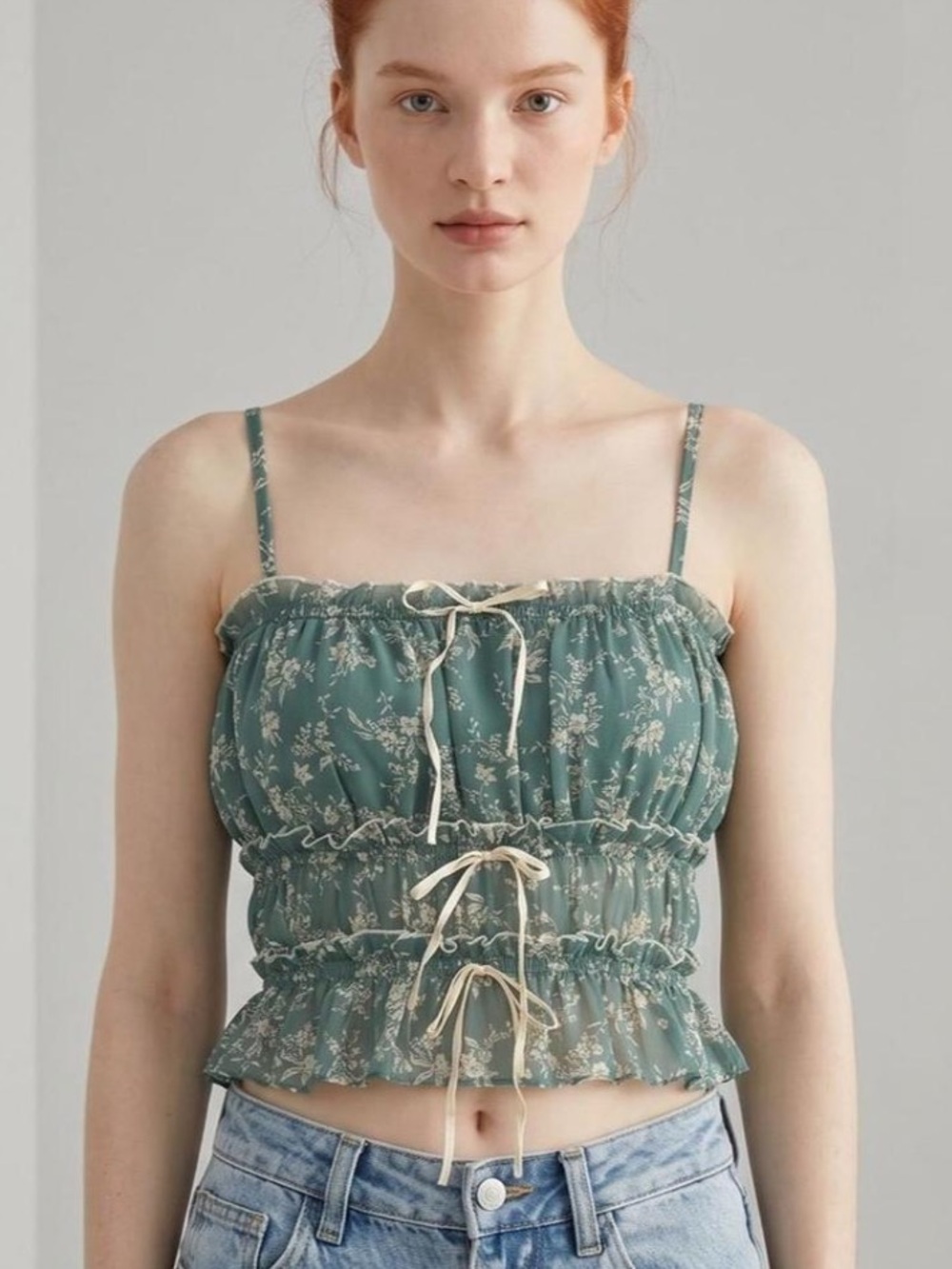 Sage Green Floral Smocked Drawstring Crop Cami Bow Top M Medium Small S